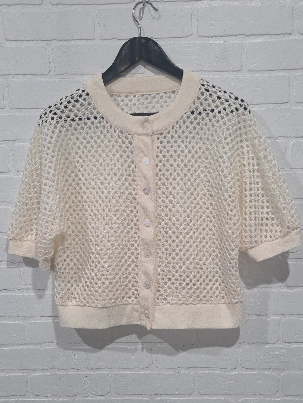 Light Cream Open-Knit Short Sleeve Cardigan Sweater